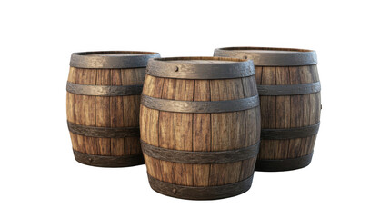 three old wooden barrels isolated on a white background