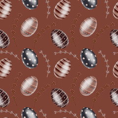 Watercolor hand drawn colorful easter eggs, leaves and flowers. Spring watercolor seamless pattern. Happy easter. Print for easter decorations. For easter cards, covers, posters, invitations
