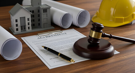 Fototapeta premium Agreement on construction law. Labor and Construction law concept. judge gavel on building blueprint plans with a safety helmet and building model. Agreement on construction law.Paper sheet with pen o