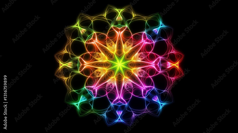 Poster a symmetrical kaleidoscope pattern made of neon shapes