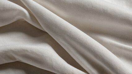 A white linen fabric background. Soft and natural off-white linen fabric with folds background. Elegant white textile texture.