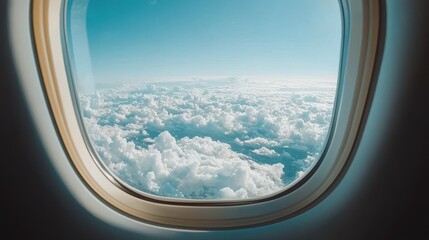 Serene View from Airplane Window Over Fluffy White Clouds and Sky