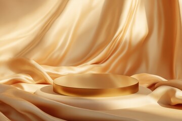 Obraz premium Elegant golden fabric folds create a luxurious backdrop for a reflective metallic pedestal. Generated AI