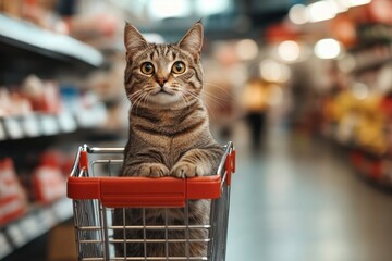 A curious tabby cat inside a shopping cart in a grocery store. Generated AI