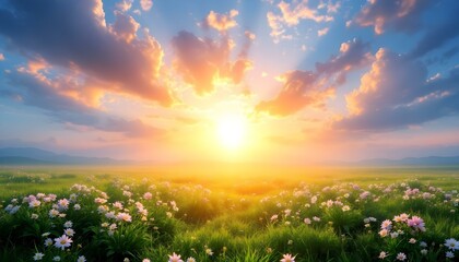 A breathtaking Easter morning landscape bathed in golden divine light, with rolling hills and a radiant sunrise, symbolizing resurrection, hope, and new beginnings. A serene and uplifting scene.
