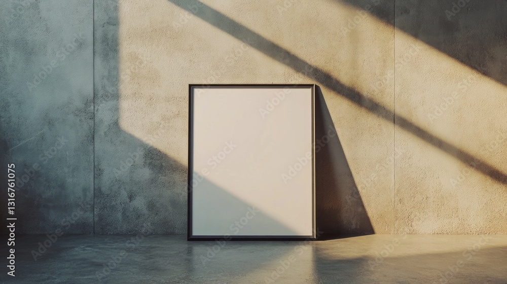 Poster Natural light streams through an empty urban space, casting elongated shadows on the textured concrete wall. A blank canvas rests against it, inviting creativity and inspiration
