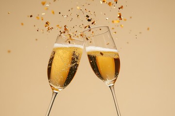 Two champagne glasses clinking together with golden confetti falling, symbolizing festivity and joy. Generated AI