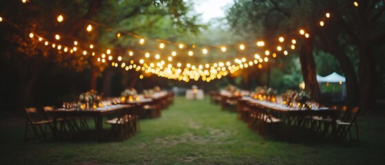 Fototapeta premium Outdoor event tablescapes strung with lights above on a grass lawn setting