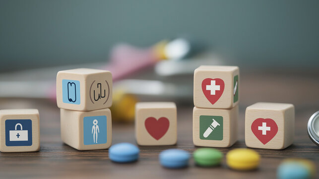 Health insurance and medical care concept. A set of wooden blocks displaying health-related icons, medical care, health insurance, and medication. healthcare services, protection, insurance coverage 