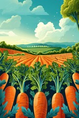 Obraz premium Celebrating world carrot day with vibrant carrots in a scenic landscape. Flat illustration. World Vegan Day. Healthy Food. World Vegetarian Day