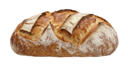 A whole loaf of fresh sourdough bread isolated on a white background