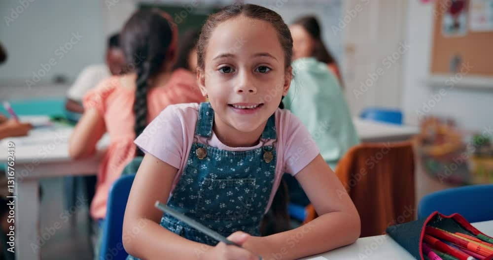 Aufkleber Writing, notebook and education with face of girl in classroom for future, lesson and students. Learning, academy and knowledge with kid at school for child development, studying and assessment