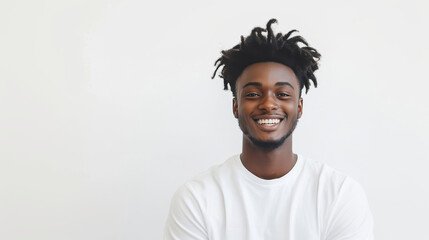 Obraz premium Smiling man with curly hair wearing white shirt against light background.