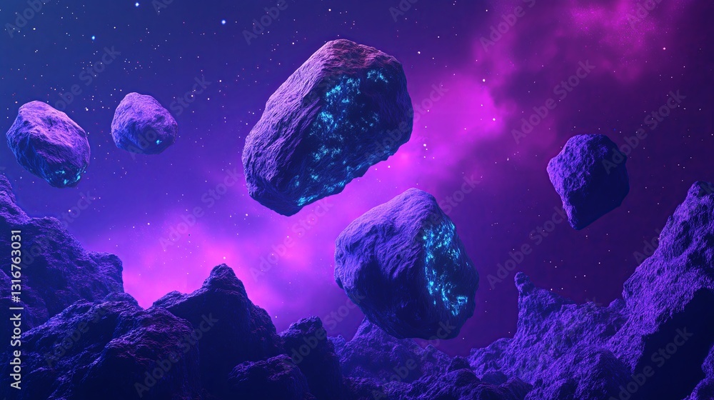 Poster a surreal cosmic landscape with floating asteroids and neon lights