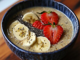 Healthy breakfast bowl with bananas, strawberries, and chia seeds on wooden board
