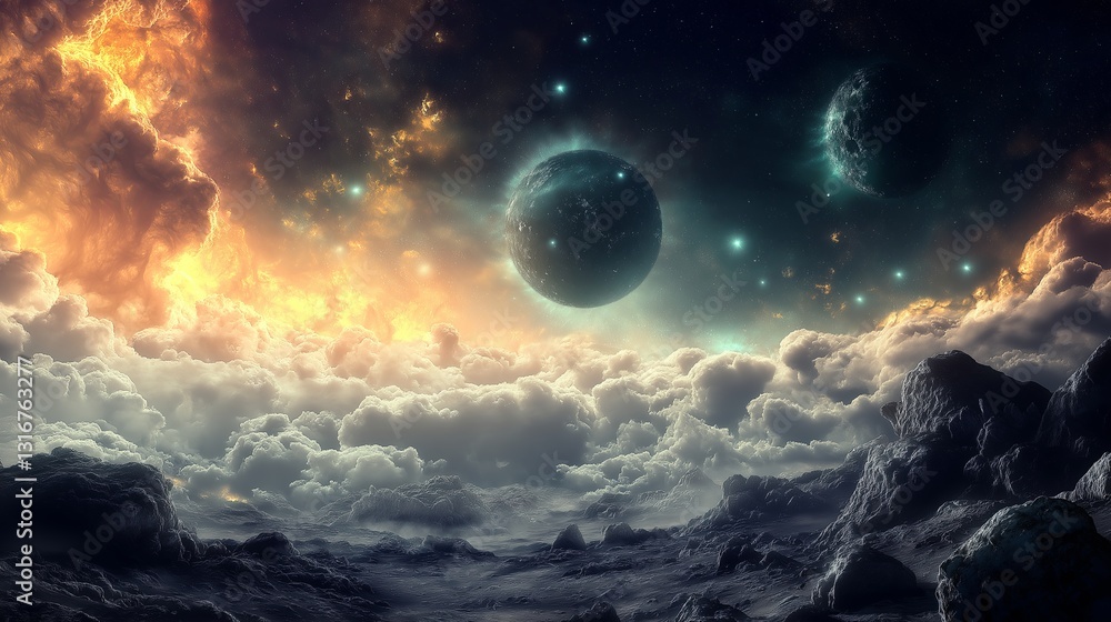 Poster a surreal cosmic landscape with floating asteroids and neon lights