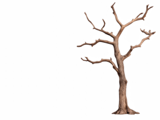A tree with no leaves is standing alone on a white background. The tree appears to be dead and has no leaves, giving it a sad and lonely appearance
