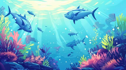 Fototapeta premium Vibrant underwater scene celebrating world tuna day with tuna fish and colorful coral. Horizontal banner. Copy space. Flat illustartion