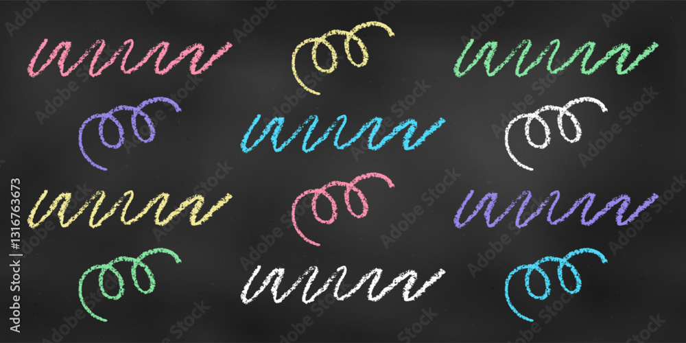 Wall mural Realistic Chalk Drawn Sketch. Set of Design Elements Colored Scribbles Isolated on Chalkboard Backdrop.