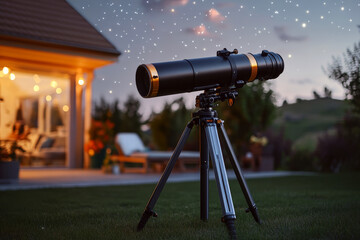 Telescope on a tripod stands on grass in a garden, with a cozy lit house and starry sky in the background. Concept of stargazing outdoors. For astronomy photo.