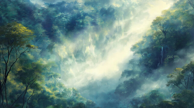 A serene forest covered in morning mist with sunbeams breaking throug