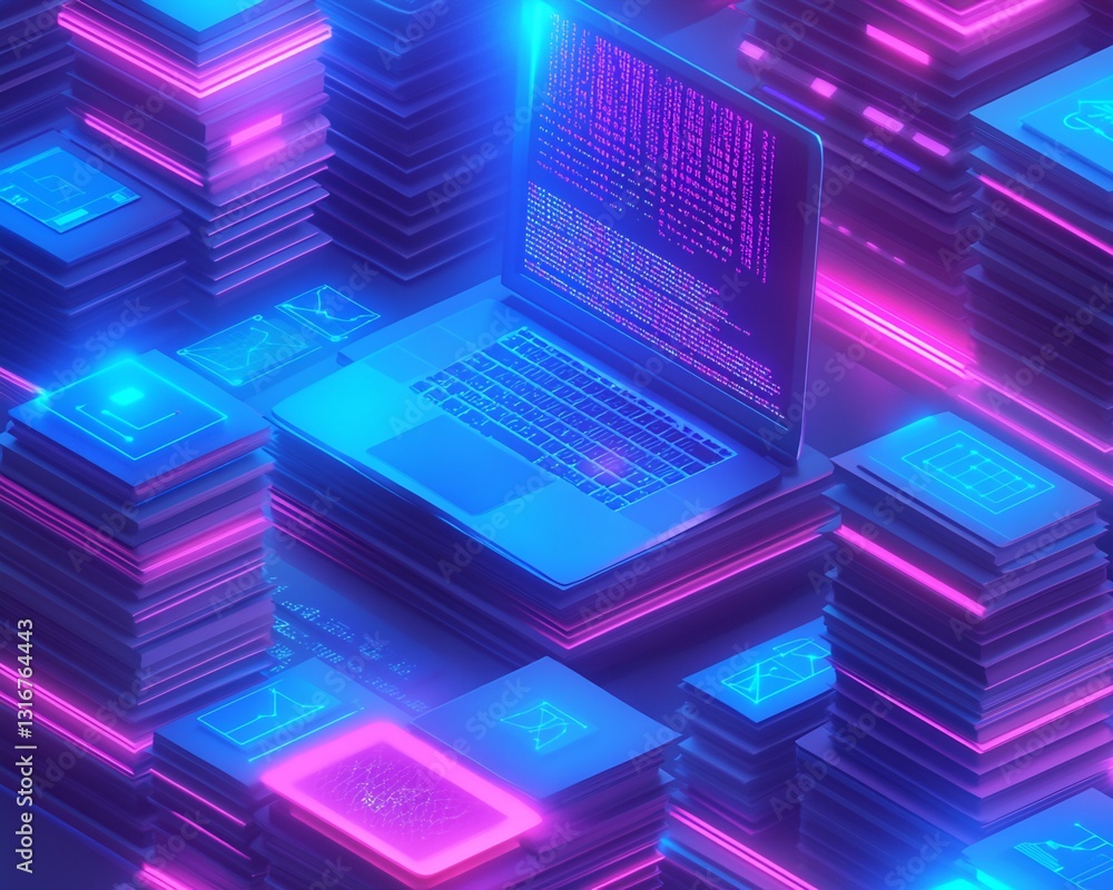 Poster laptop and data stacks with neon lighting and interface icons