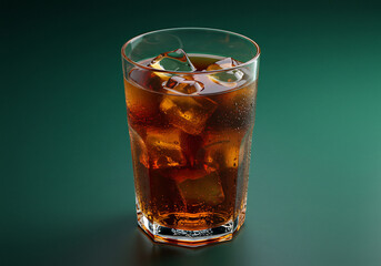 Refreshing Brown Drink with Ice Cubes in a Glass on Green Background