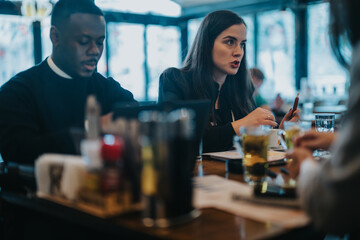 Diverse colleagues in a discussion at a business meeting outside, exchanging ideas and strategies under rainy weather conditions.