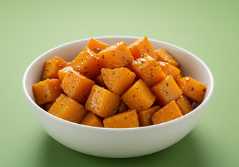 Roasted Butternut Squash Cubes in White Bowl Against Green Background