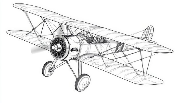 Sopwith Camel WWI Airplane Line Art Illustration - A detailed line art drawing of a Sopwith Camel biplane, symbolizing aviation history, WWI, British engineering, aerial combat, and vintage aircraft