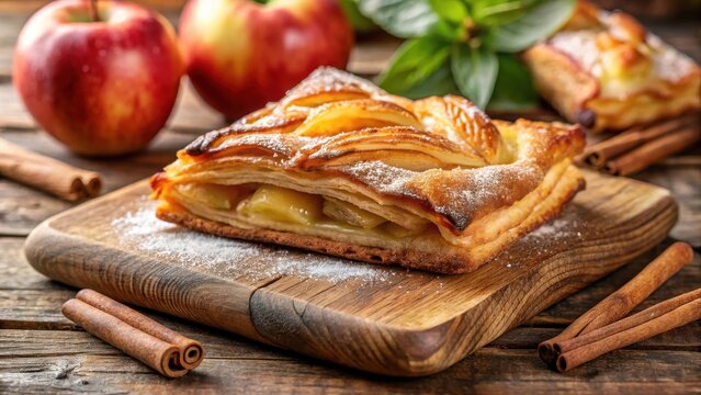 Warmly lit slice of crispy Dutch appelflappen on a wooden cutting board