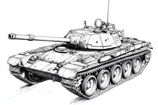 T-55 Main Battle Tank Line Art Illustration - Cold War era tank, military vehicle, armored fighting vehicle, powerful weapon, symbol of strength