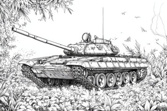 T-55 Tank in Line Art: Cold War Relic - A detailed line art drawing of a T-55 tank, symbolizing military power, Cold War history, technological advancement, geopolitical conflict