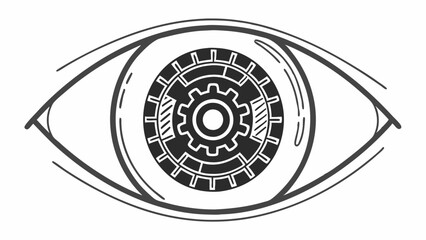 Artistic eye with a mechanical gear design in the iris in a striking black and white style