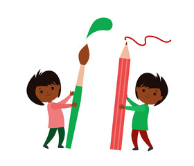 funny character of a small child who holds  large paint brush in his hands.  Png cartoon vector illustration  isolated on transparent background. concept of teaching drawing. online school.