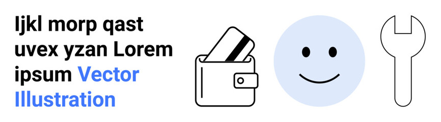 Wallet holding cards, smiling face, and wrench signify finance, customer satisfaction, and technical support. Ideal for banking, finance, customer service, technical support business services