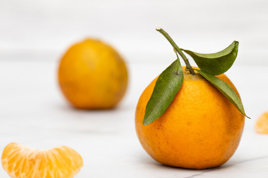 Portrait shot of orange fruit with green leaves around it.