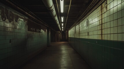 A quiet, abandoned subway station with moody lighting.