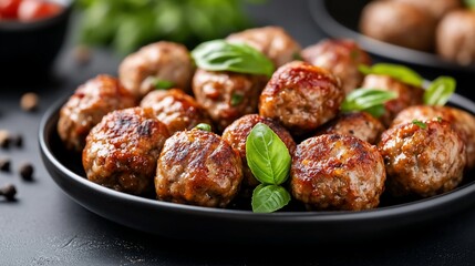 Delicious browned meatballs on a black plate, garnished with fresh basil.