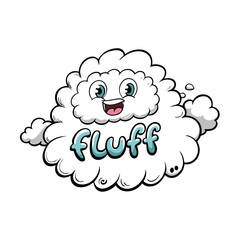 Cartoon fluffy cloud character with playful expression and bold typography