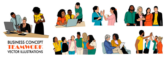 Obraz premium Business team concept illustrations. Set of scenes with men and women working together, supporting each other. Vector simple outline drawing for graphic, web design Isolated on transparent background