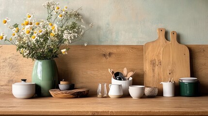 Rustic Kitchen Counter with Decorative Flower Arrangement and Utensils