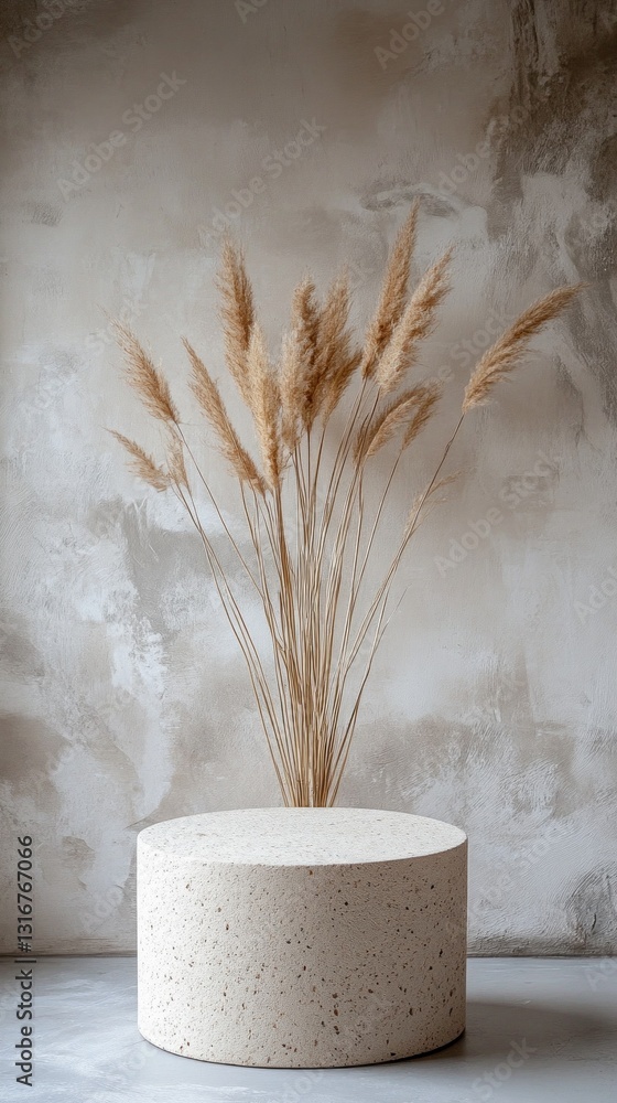 Poster tall, delicate pampas grass rises from a round, textured base, creating a serene focal point in a so