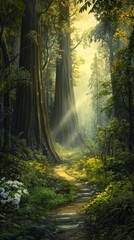 Fototapeta premium A serene pathway winding through a lush forest surrounded by tall trees and greenery