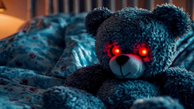 Creepy teddy bear with glowing red eyes on floral bedspread at night, horror theme