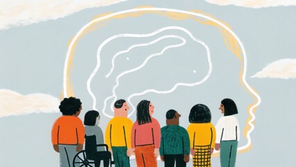 A diverse group of people observes a large outline of a head, symbolizing thoughts, mental health, and community awareness.