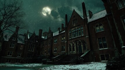 Eerie Mansion under a Snowy Moonlit Night