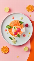 Elegant Salmon Dish with Fresh Fruits and Colorful Garnishes