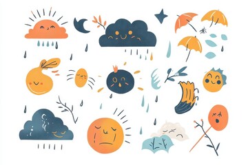 Cute cartoon illustrations representing different weather conditions and moods
