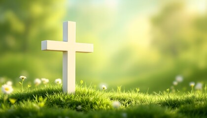 Minimalist Easter greeting card background with a delicate white cross standing in fresh green grass, illuminated by soft sun rays. A peaceful and elegant design symbolizing hope and renewal.
